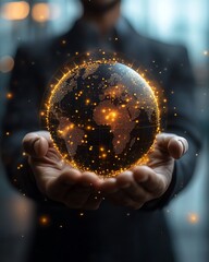 Poster - A confident businessman holding a 3D holographic projection of a digital globe, blurred business environment, advanced technology theme, highdetail, 8K