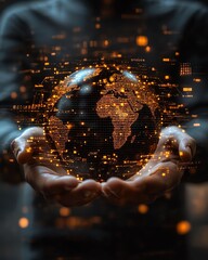 Poster - A confident businessman holding a 3D holographic projection of a digital globe, blurred business environment, advanced technology theme, highdetail, 8K