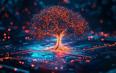 Poster - A cyber tree glowing with neon lights, integrated into a digital circuit board, futuristic technology concept, dynamic and vibrant colors
