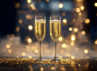 Wall Mural - Two champagne flutes filled with golden liquid stand on a table with gold glitter and out-of-focus lights.