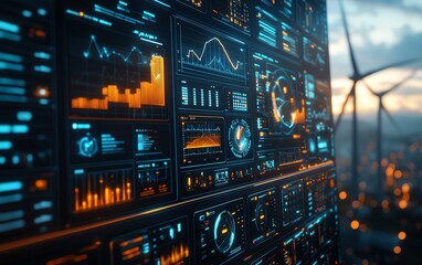 Poster - A dynamic digital dashboard displaying wind energy performance metrics, colorful data visualizations, futuristic style, sharp details, ultra HD rendering