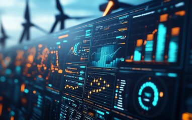 Poster - A dynamic digital dashboard displaying wind energy performance metrics, colorful data visualizations, futuristic style, sharp details, ultra HD rendering