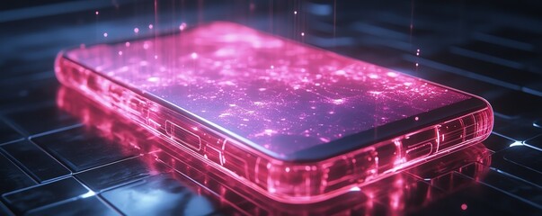 Fototapete - A glowing holographic AI assistant projected from a phone, blending artificial intelligence with a minimalist and personalized virtual helper, ultradetailed 4K rendering