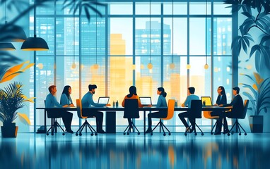 Poster - A group of business colleagues collaborating on a project in an office setting, teamwork concept, contemporary office design, vibrant and dynamic illustration