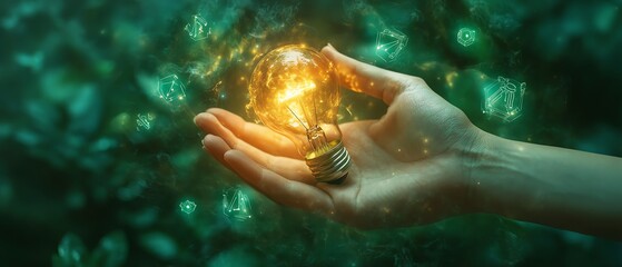 Poster - A human hand cradling a glowing light bulb, surrounded by energy symbols, green ecothemed background, modern and clean design, high resolution