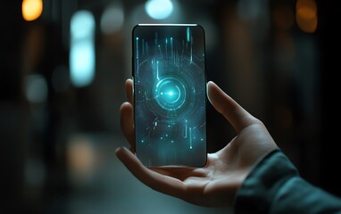 Fototapete - A medium shot of a phone projecting a holographic AI assistant