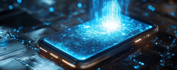 Aufkleber - A medium shot of a smartphone projecting a glowing holographic AI assistant, blending minimalist style with AI technology assistance, ultradetailed digital art, 8K resolution