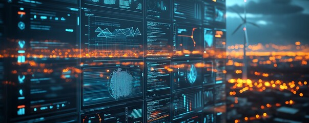 Poster - A modern dashboard interface with wind energy analytics, glowing charts, interactive data visualizations, futuristic aesthetic, sharp details, 8K rendering