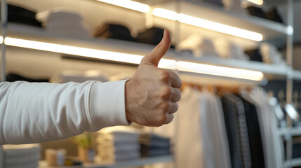 A hand giving a thumbs-up gesture inside a clothing store, symbolizing approval, satisfaction, or a positive shopping experience. Concept of retail, customer happiness, and modern shopping culture.