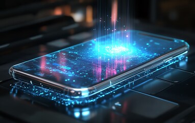 Fototapete - A sleek smartphone projecting a floating holographic AI assistant, blending advanced artificial intelligence with minimalist design, futuristic and personalized, 8K quality