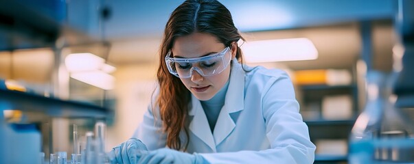 Aufkleber - Young female scientist working with test tubes in laboratory