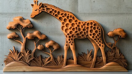 Wall Mural - Wooden giraffe sculpture with savanna landscape.