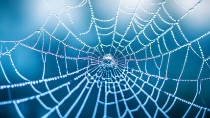 close-up of a spider web covered in morning dew, with fog