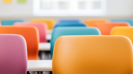 Poster - Blurred perspective of a spacious classroom with colorful seating arrangements.