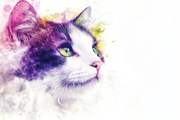 Illustrate a watercolor close-up of a tiny, cute, barking cat. Bring out its fluffy fur and playful expression with a palette of vibrant colors.