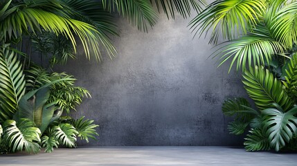 Aufkleber - Minimalist Luxury Interior Featuring a Blank Concrete Wall and Tropical Garden. Modern Room with Green Palm Trees and Sophisticated Architectural Design for a Natural and Elegant Living Space