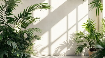 Aufkleber - Minimalist Luxury Interior Featuring a Blank Concrete Wall and Tropical Garden. Modern Room with Green Palm Trees and Sophisticated Architectural Design for a Natural and Elegant Living Space