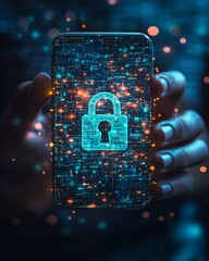 Poster - Closeup of a person holding a smartphone displaying a digital padlock icon, representing online privacy and cybersecurity, modern office environment, highresolution