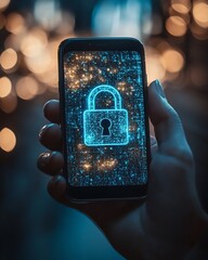 Poster - Closeup of a person holding a smartphone displaying a digital padlock icon, representing online privacy and cybersecurity, modern office environment, highresolution