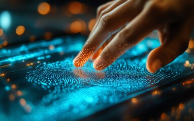 Poster - A closeup of a person using a stylus on a digital touchscreen displaying biometric data