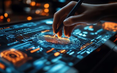 Poster - A closeup of a person using a stylus on a digital touchscreen displaying biometric data