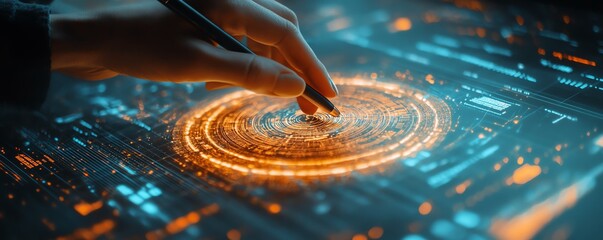 Poster - A closeup of a person with a stylus interacting with a biometric data visualization on a futuristic touchscreen, innovative tech and digital interaction theme, highresolution, 8K