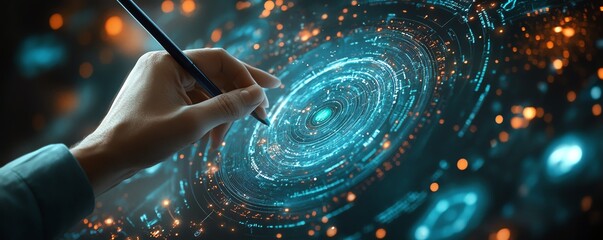 Poster - A closeup of a person with a stylus interacting with a biometric data visualization on a futuristic touchscreen, innovative tech and digital interaction theme, highresolution, 8K
