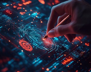Poster - A futuristic digital touchscreen displaying biometric data, with a person using a stylus for interaction, showcasing cuttingedge technology and innovation, ultradetailed, 8K