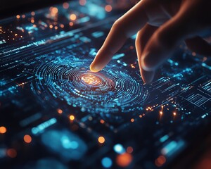 Poster - A futuristic digital touchscreen displaying biometric data, with a person using a stylus for interaction, showcasing cuttingedge technology and innovation, ultradetailed, 8K