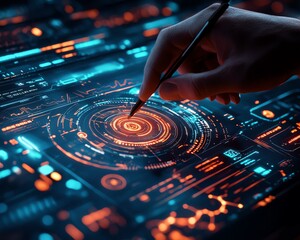 Poster - A futuristic digital touchscreen displaying biometric data, with a person using a stylus for interaction, showcasing cuttingedge technology and innovation, ultradetailed, 8K