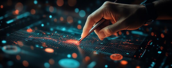 Poster - A futuristic touchscreen display with biometric data visualized as a person uses a stylus, showcasing advanced digital interaction and technology, highresolution, vibrant colors