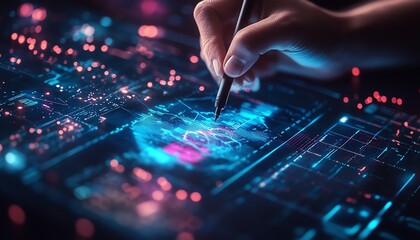 Poster - A person drawing on a futuristic touchscreen with a stylus, biometric data visualized as dynamic graphs, interactive digital technology, modern and sleek, 4K resolution