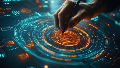 Poster - A person drawing on a futuristic touchscreen with a stylus, biometric data visualized as dynamic graphs, interactive digital technology, modern and sleek, 4K resolution
