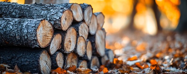 Aufkleber - Stack of firewood logs illuminating autumn forest floor