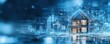 © PromptrGuru - Smart home technology concept with digital blueprint overlay showing connected house automation. Blue glowing circuit patterns and data visualization on a futuristic architectural design. 8k banner