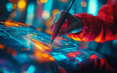 Poster - A person holding a stylus on a sleek touchscreen, visualizing biometric data in realtime, showcasing digital interaction and innovation, ultradetailed, 4K quality