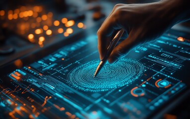Poster - A person holding a stylus on a sleek touchscreen, visualizing biometric data in realtime, showcasing digital interaction and innovation, ultradetailed, 4K quality