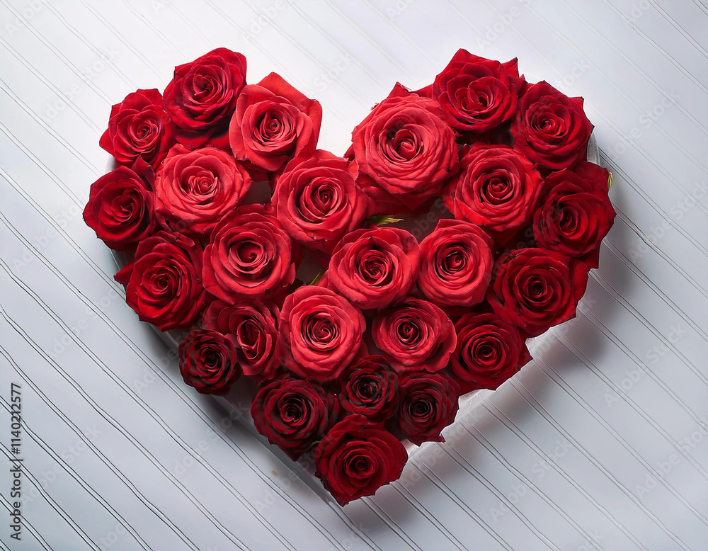 Beautiful red roses making the shape of a heart on a white studio ...