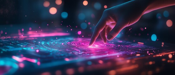 Poster - A person interacting with a futuristic touchscreen display using a stylus, featuring dynamic biometric data visualization, hightech innovation, vibrant and detailed, 8K