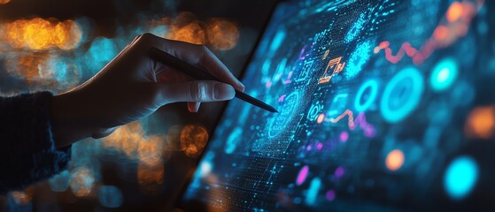 Poster - A person interacting with a futuristic touchscreen display using a stylus, featuring dynamic biometric data visualization, hightech innovation, vibrant and detailed, 8K