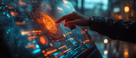 Poster - A person interacting with a futuristic touchscreen display using a stylus, featuring dynamic biometric data visualization, hightech innovation, vibrant and detailed, 8K