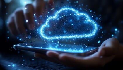 Poster - A person using a smartphone and laptop, with cloud data and storage icons displayed on the screen, showing modern technology in everyday life, sleek design, highresolution