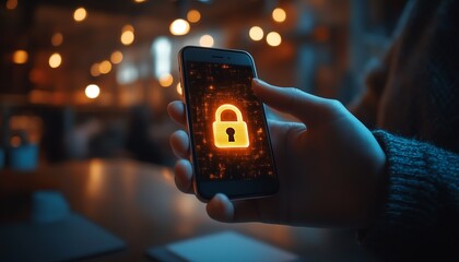 Poster - a person using a smartphone with a glowing digital padlock icon on the screen, symbolizing cybersecu