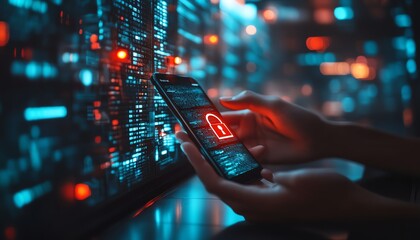 Poster - a person using a smartphone with a glowing digital padlock icon on the screen, symbolizing cybersecu