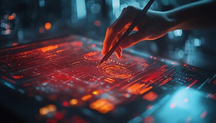 Poster - A person using a stylus on a futuristic touchscreen display with biometric data visualization