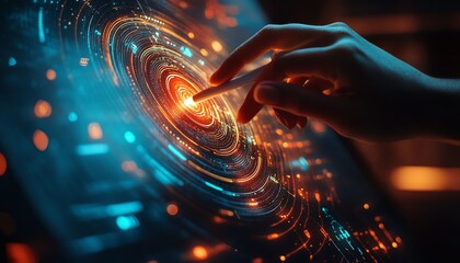 Poster - A person using a stylus on a futuristic touchscreen display with biometric data visualization