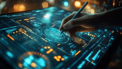 Poster - A person using a stylus on a futuristic touchscreen display with biometric data visualization