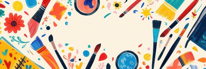 Aufkleber - Creative workspace filled with brushes, paints, and sketchbooks for artistic expression. Generative AI