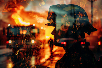 Poster - professional firefighter worker double exposure generative ai portrait