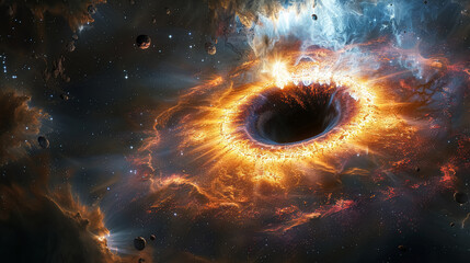 Wall Mural - black hole is in the center of a galaxy with a bright orange cloud surrounding it. the bright orange